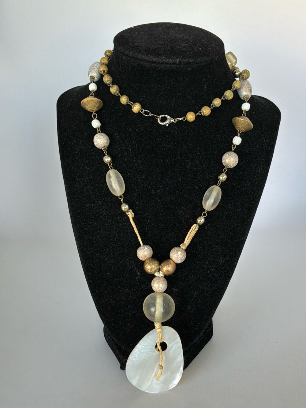 Boho Long Mixed Bead Necklace with Mother of Pearl Pendant
